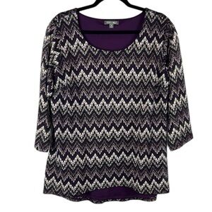 Roz & Ali Chevron Mesh Metallic Overlay 3/4 Sleeve Blouse 1X Purple